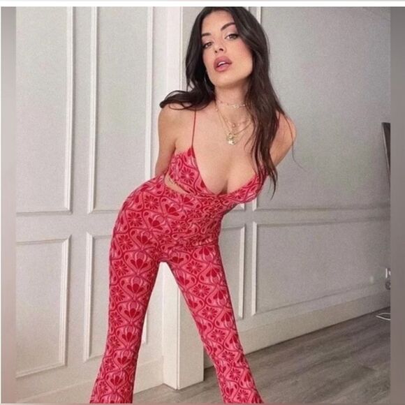 ZARA CUT OUT JACQUARD KNIT JUMPSUIT JACQUARD RED bloggers favorite size M - Picture 6 of 12